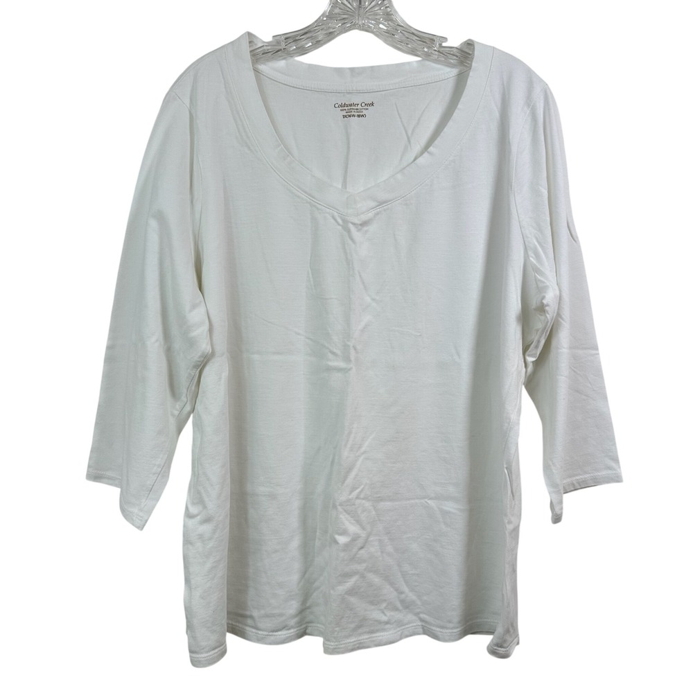 Coldwater Creek White Supima Cotton V-Neck 3/4 Sleeve Tee Top 1X 16W-18W